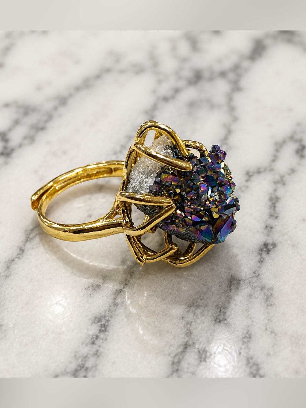 Raw Quartz Multicolor Druzy Statement Ring size 7 Adjustable